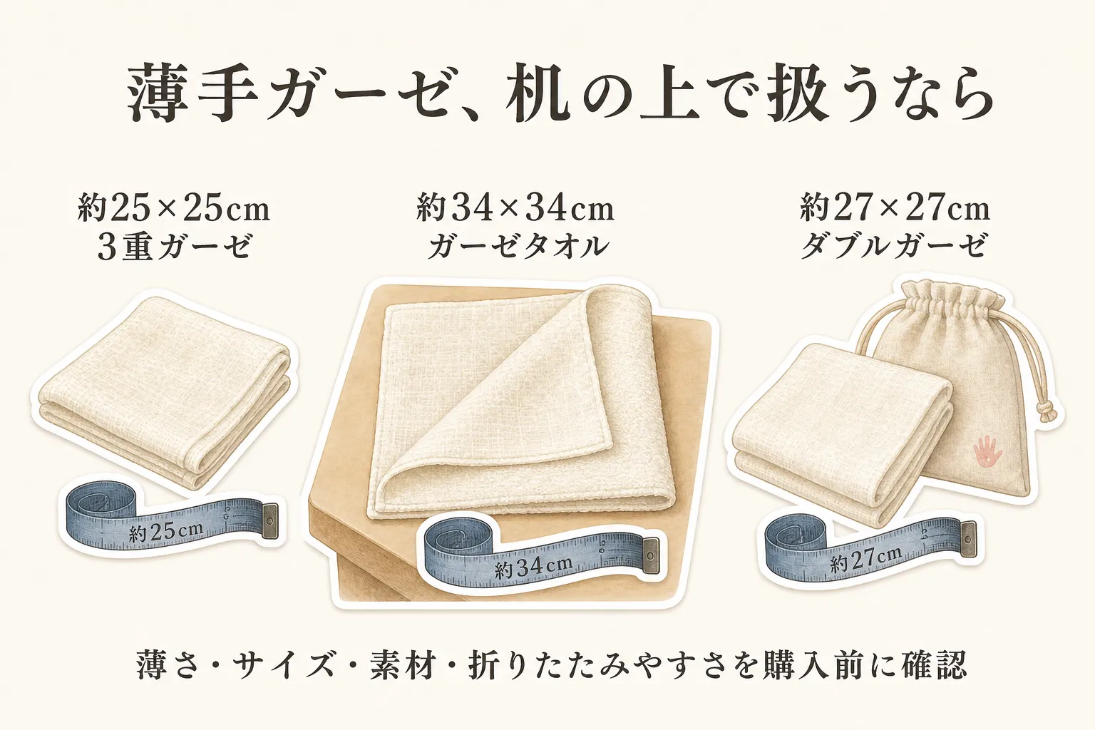 机の上で扱う薄手ガーゼの確認点を示す図。約25×25cmの3重ガーゼ、約34×34cmのガーゼタオル、約27×27cmのダブルガーゼを例に、薄さ・サイズ・素材・折りたたみやすさを購入前に確認することを示している