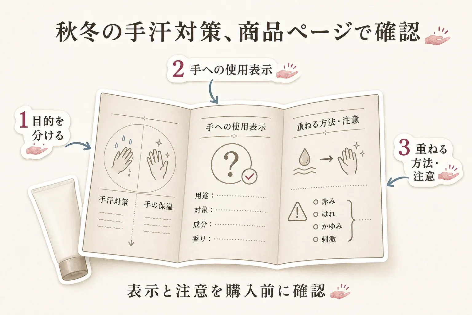 秋冬の手汗対策で商品ページを確認する図。手汗対策か手の保湿か目的を分け、手への使用表示では用途・対象・成分・香りを確認し、重ねる方法と赤み・はれ・かゆみ・刺激などの注意を購入前に確認すると示している