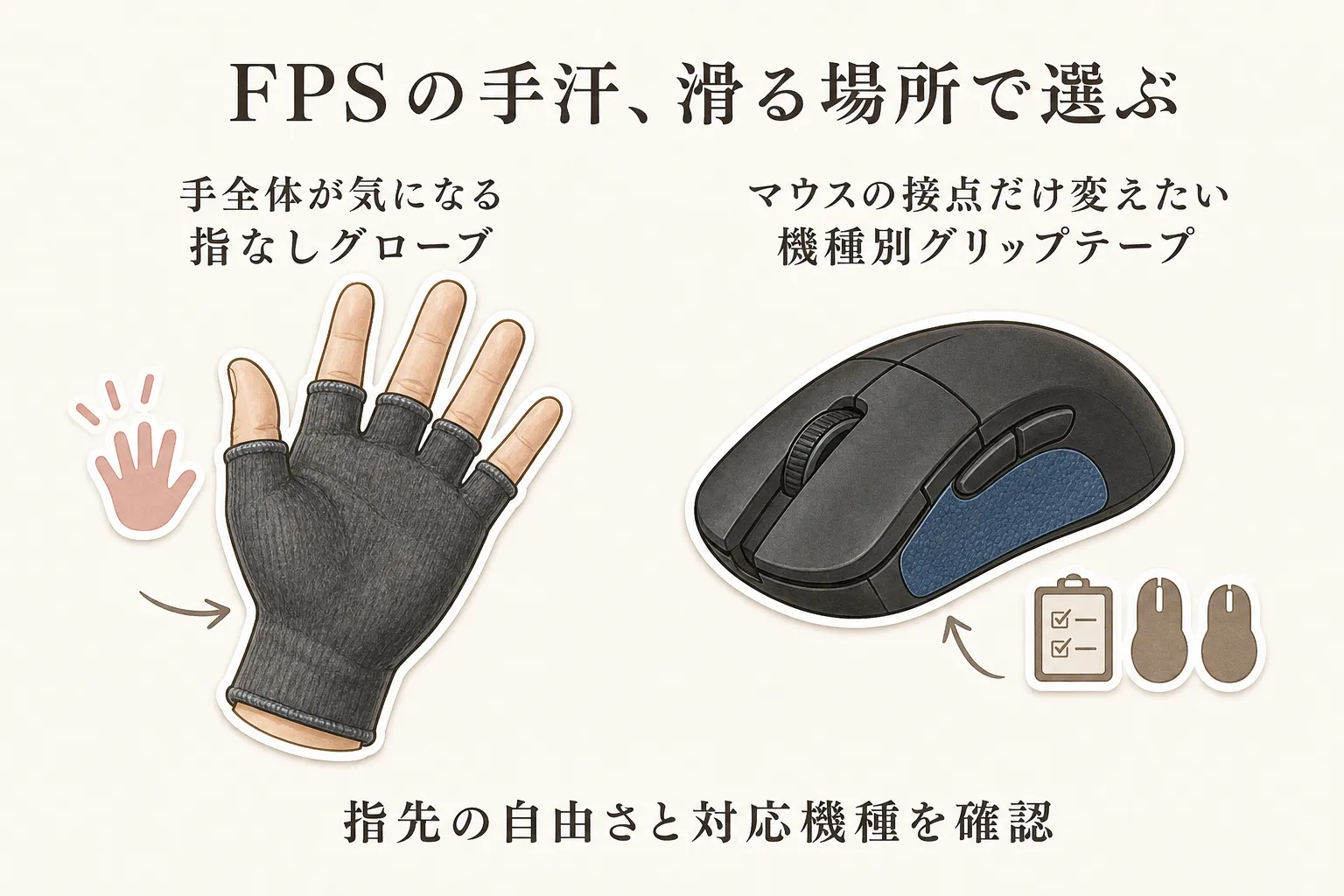 FPSで手汗が気になる場所に応じた選び方を示す図。手全体が気になる場合は指先を開けた指なしグローブ、マウスの接点だけを変えたい場合は対応機種を確認したグリップテープを選ぶことを示している