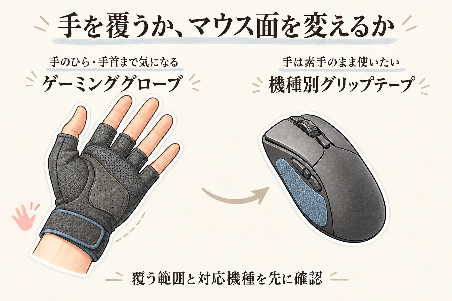 手を覆うかマウス面を変えるかの選び方を示す図。手のひら・手首まで気になる場合はゲーミンググローブ、手を素手のまま使いたい場合は機種別グリップテープを選び、覆う範囲と対応機種を先に確認することを描いている。