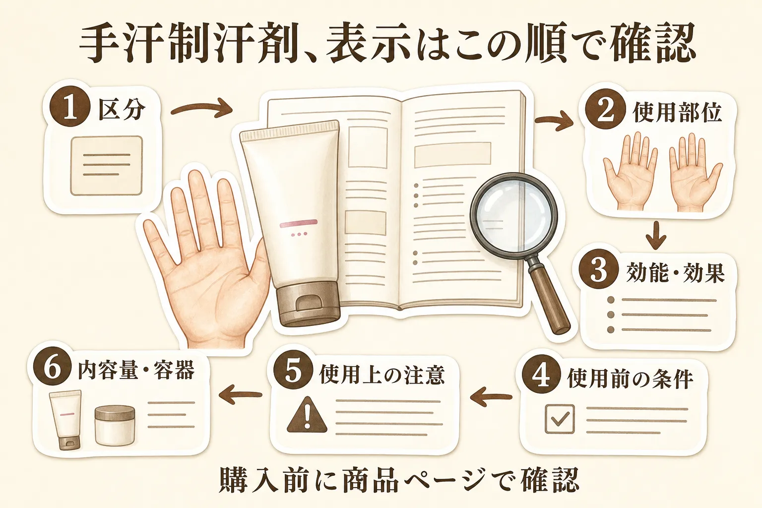手汗制汗剤を購入前に商品ページで確認する順番を示す図。区分、使用部位、効能・効果、使用前の条件、使用上の注意、内容量・容器の6項目を矢印で順にたどり、手のひらとクリームのイラストを添えている