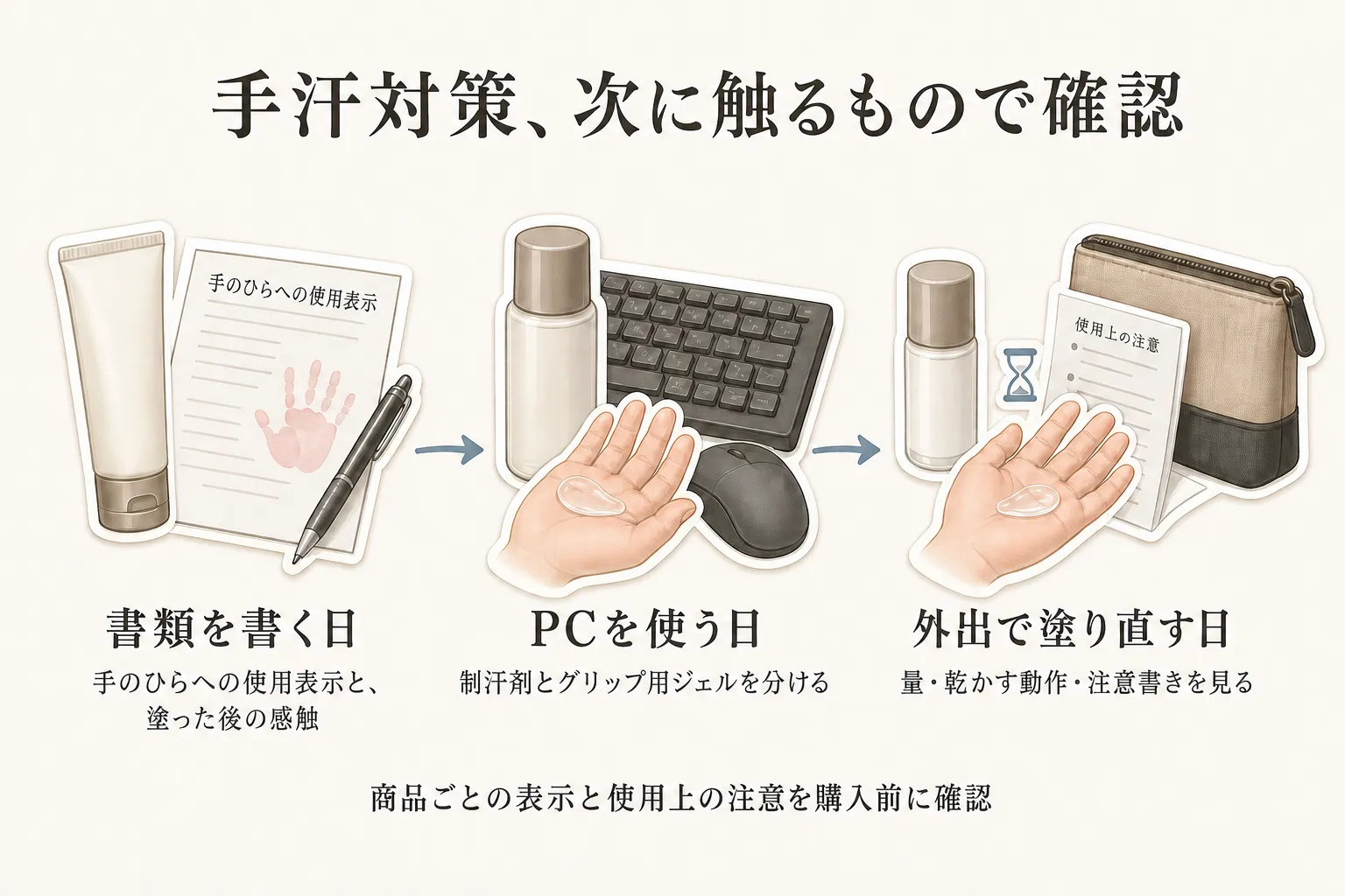 手汗対策を次に触るもので選ぶ図。書類を書く日は手のひらへの使用表示と塗った後の感触、PCを使う日は制汗剤とグリップ用ジェルの違い、外出先で塗り直す日は必要量・乾かす動作・注意書きを確認することを示している。