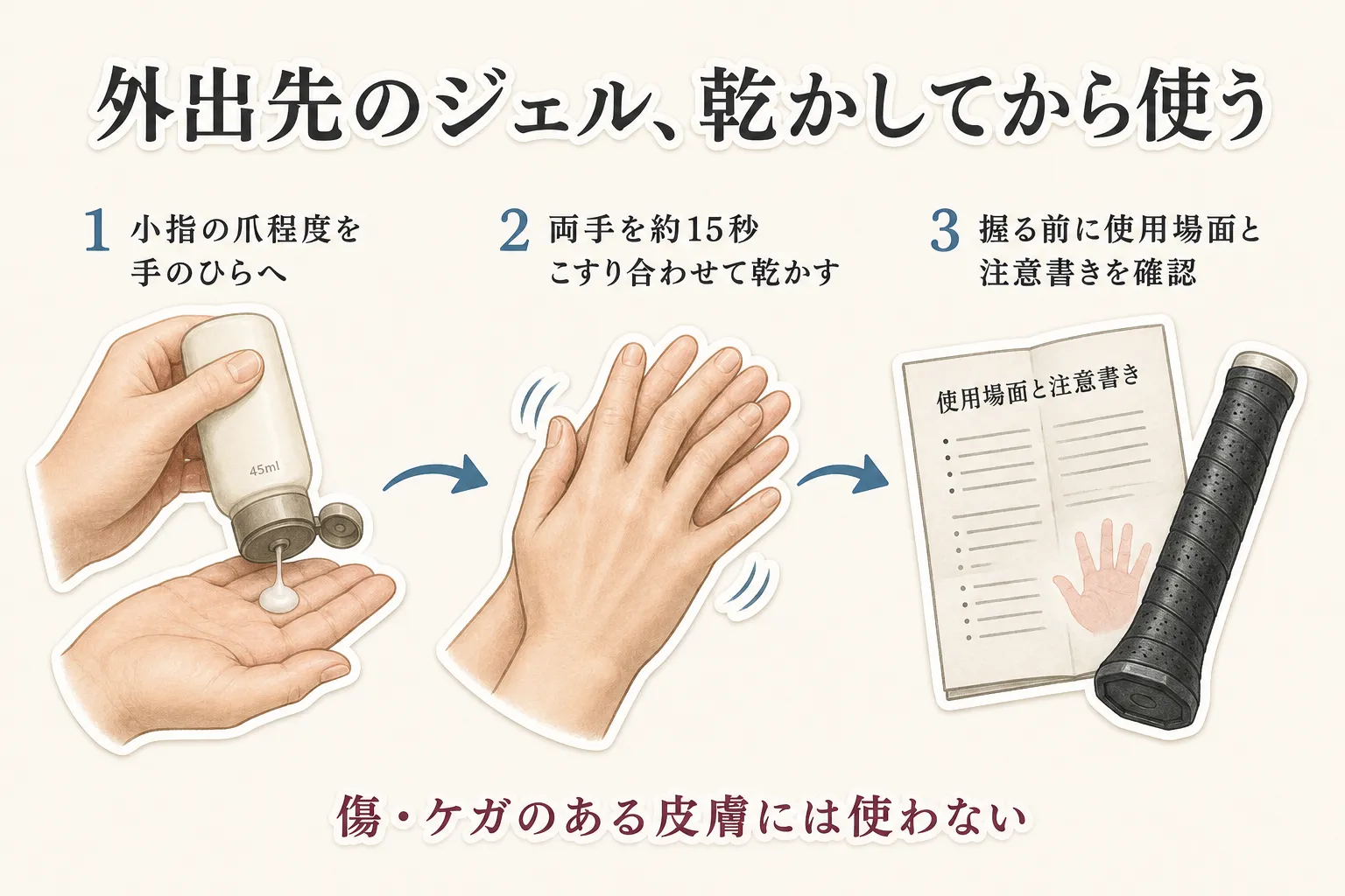 外出先で使うジェルを乾かしてから使う手順の図。小指の爪程度を手のひらに取り、両手を約15秒こすり合わせて乾かし、握る前に使用場面と注意書きを確認すること、傷やケガのある皮膚には使わないことを示している。