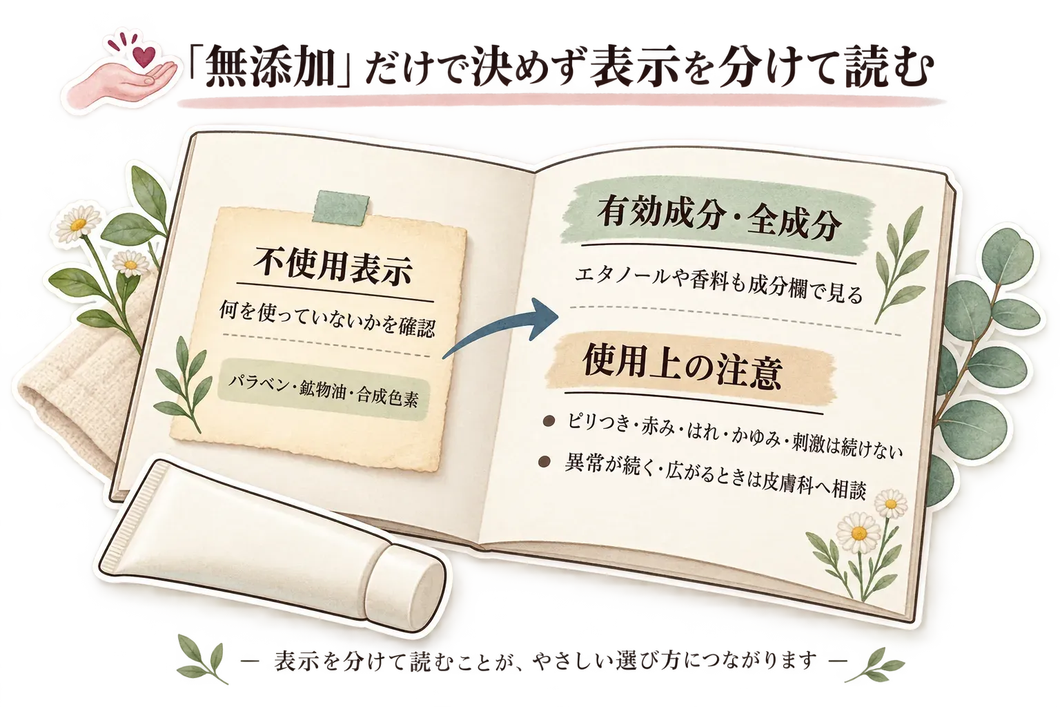 「無添加」だけで決めず表示を分けて読む図。不使用表示ではパラベン・鉱物油・合成色素など何を使っていないかを確認し、有効成分・全成分ではエタノールや香料も成分欄で確認する。使用上の注意ではピリつき・赤み・はれ・かゆみ・刺激が出たら続けず、異常が続く・広がるときは皮膚科へ相談するよう示している