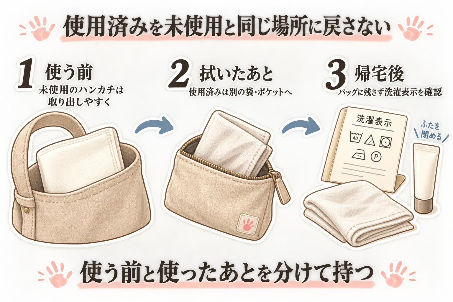 使用済みを未使用品と同じ場所に戻さない持ち方を3段階で示す図。使う前は未使用のハンカチを取り出しやすくし、拭いたあとは使用済みを別の袋やポケットへ入れ、帰宅後はバッグに残さず洗濯表示を確認する。クリームはふたを閉めて戻す
