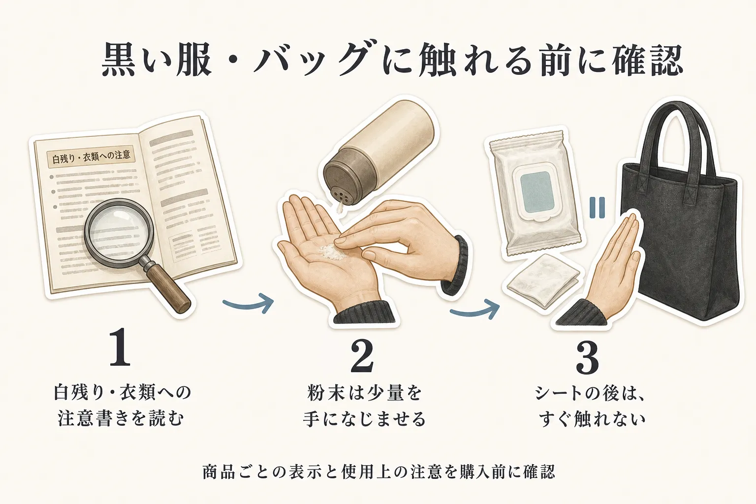 黒い服・バッグに触れる前の確認手順。白残りや衣類への注意書きを読み、粉末は少量を手になじませ、パウダーシートの使用後は黒いバッグや衣類へすぐ触れないことを、商品ごとの表示と使用上の注意を購入前に確認する案内とともに示した図。
