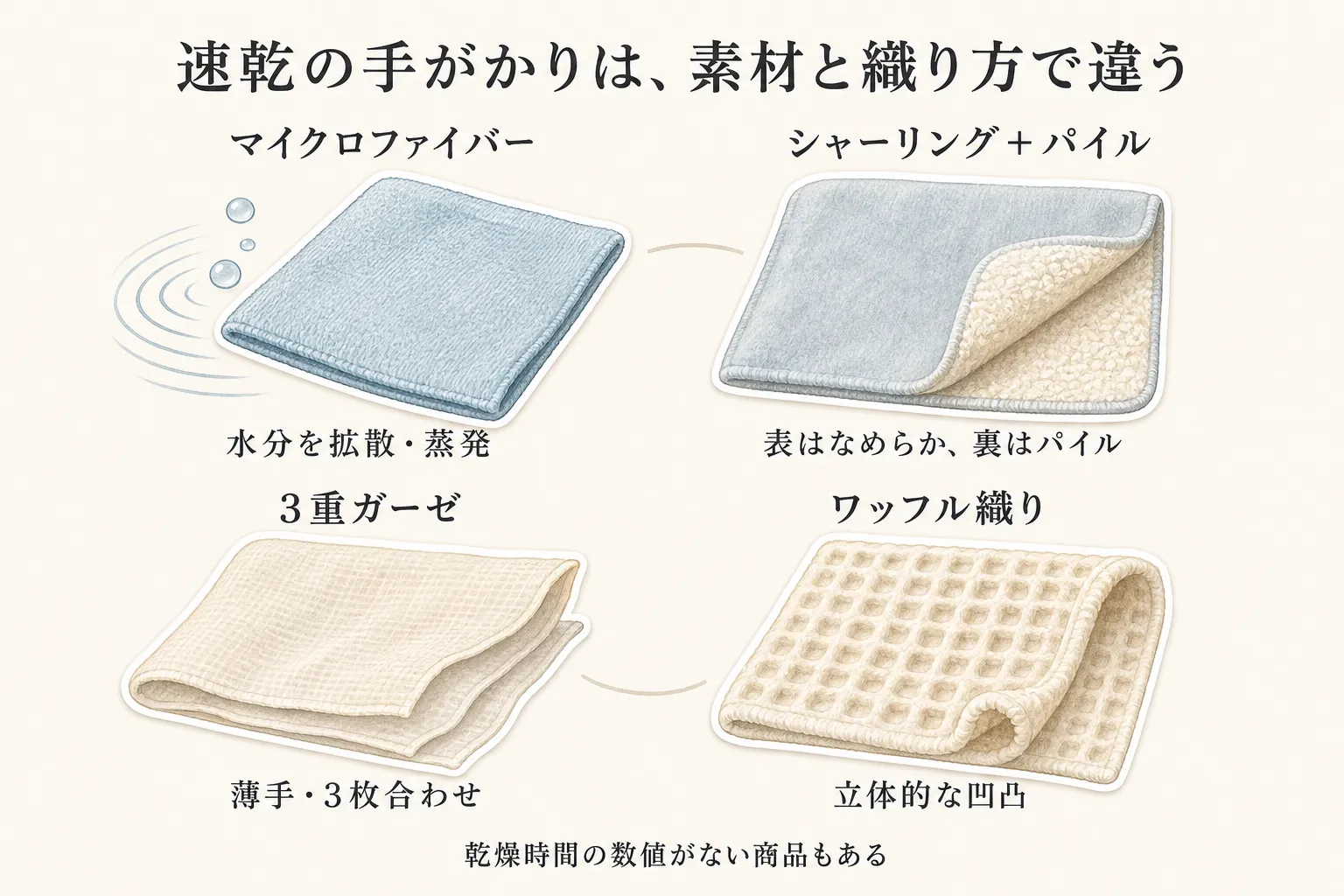速乾の手がかりを素材と織り方ごとに示す図。マイクロファイバーは水分を拡散・蒸発、シャーリング＋パイルは表がなめらかで裏がパイル、3重ガーゼは薄手・3枚合わせ、ワッフル織りは立体的な凹凸として、乾燥時間の数値がない商品もあると説明している