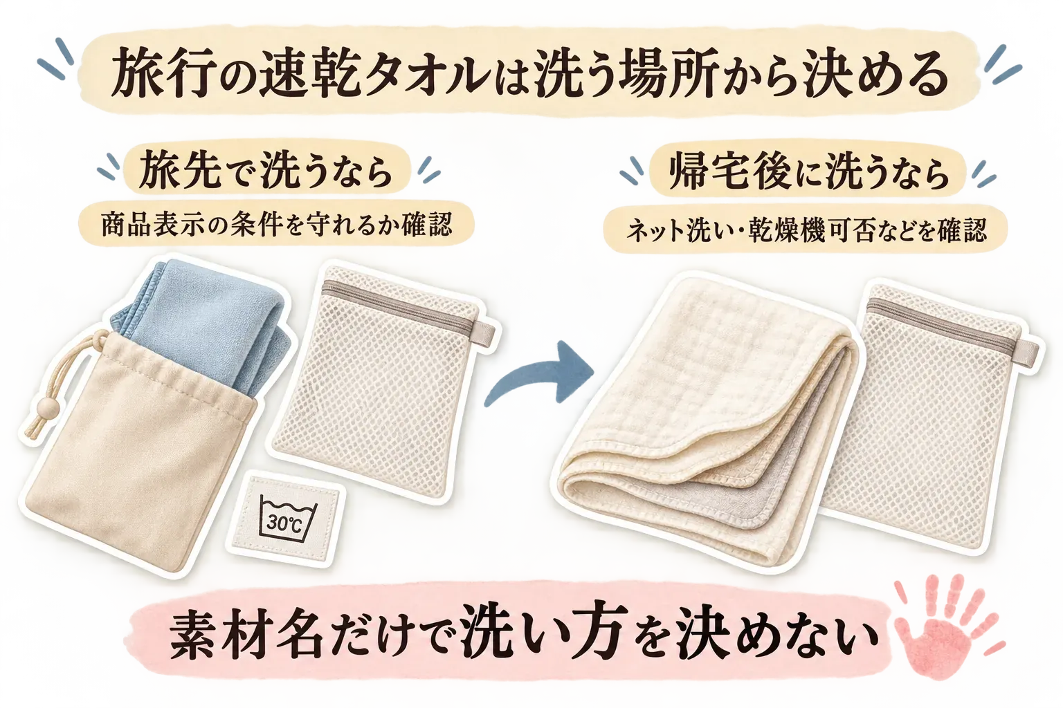 旅行の速乾タオルを洗う場所から選ぶ図。旅先で洗う場合は商品表示の条件を守れるか、帰宅後に洗う場合はネット洗い・乾燥機の可否などを確認すること、素材名だけで洗い方を決めないことを示している。