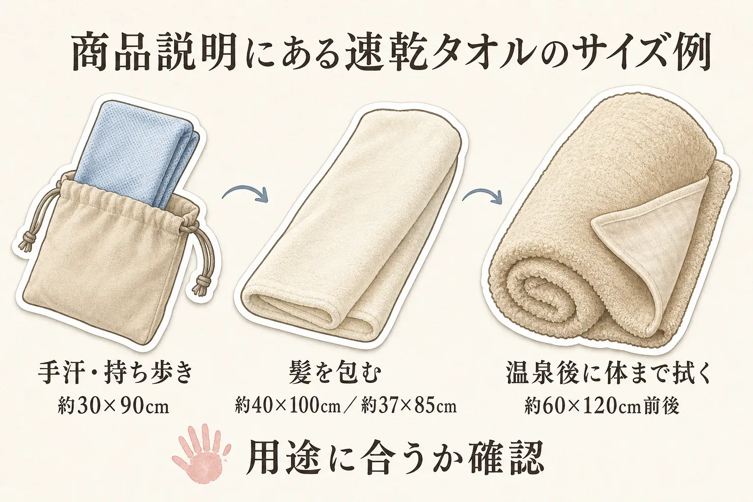 商品説明にある速乾タオルの用途とサイズ例を示す図。手汗・持ち歩き用は約30×90cm、髪を包む用は約40×100cmまたは約37×85cm、温泉後に体まで拭く用は約60×120cm前後で、用途に合うサイズを確認するよう案内している。