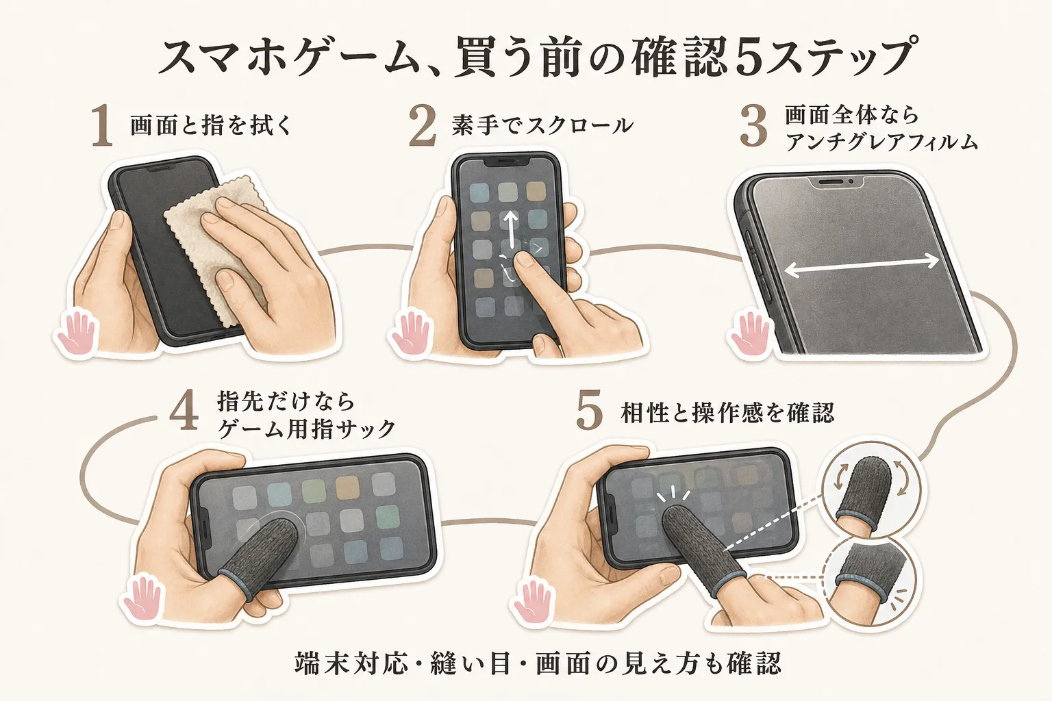 スマホゲームの購入前に確認する5ステップを示す図。画面と指を拭く、素手でスクロールする、画面全体が引っかかるならアンチグレアフィルムを選ぶ、指先だけならゲーム用指サックを選ぶ、端末対応・縫い目・画面の見え方を含む相性と操作感を確かめる流れを、スマートフォンと手のイラストで示している